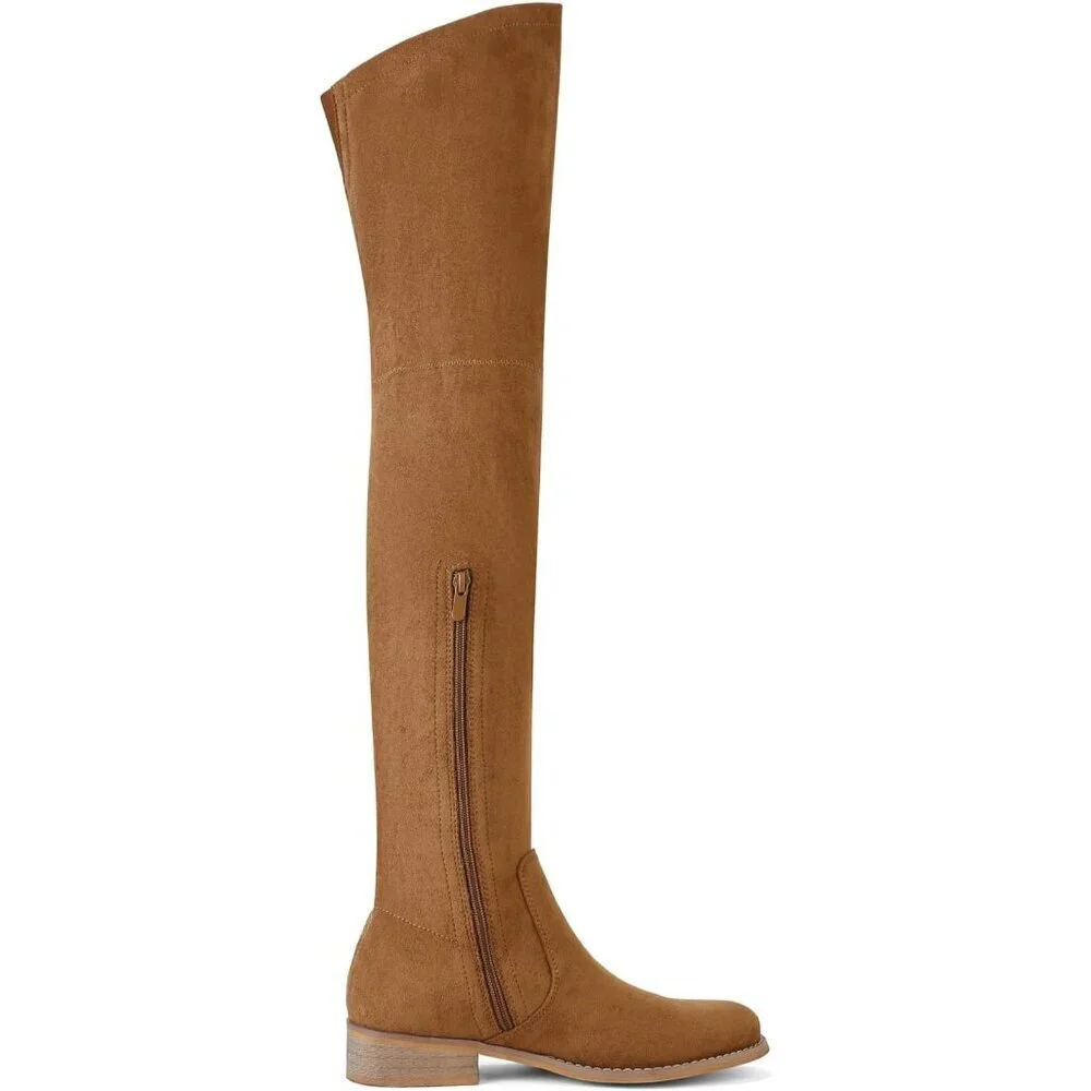 Women Brown Faux Suede Over The Knee Thigh High Low Block Heel Pointed Toe Boot